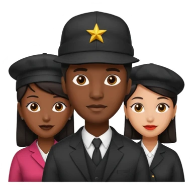 Black man with fitted hat on  with two women one black one Chinese  sticker