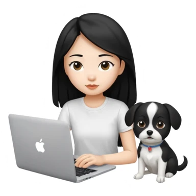 Asian girl with long black hair , wearing a white t-shirt, working on an Apple laptop, next to her is a small black and white dog sticker