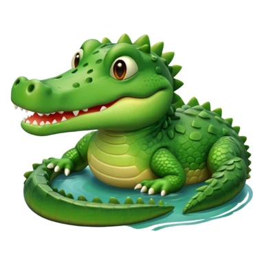 A cute 3D cartoon crocodile resting on a riverbank, part of its body in the water. Smooth rounded design, bright colors, soft lighting, friendly expression, Memoji-style realism. sticker