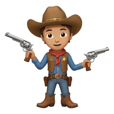 A young cowboy with oversized boots, excited expression, and a tiny toy revolver.
 sticker