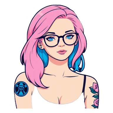 Photo Realistic beautiful woman model, blue eyes and glasses, pink long hair, shoulder tattoo  sticker