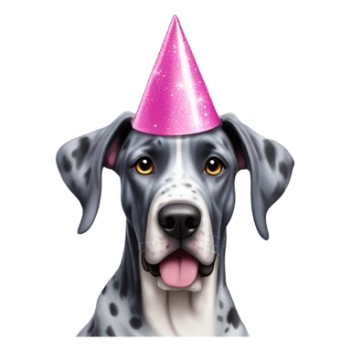 Blue Merle Great Dane wearing pink party hat with sparkles sticker
