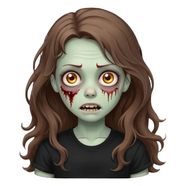 crie um emoji de uma garota zoombie cabelo castanho e longo , assustadora e fofa com cabelo ondulado 2b e camiseta básica preta sticker