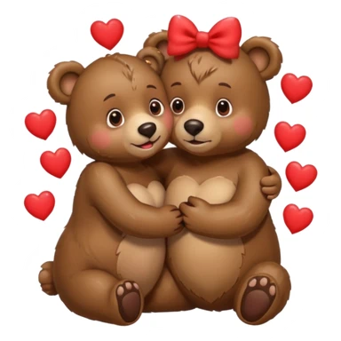 female bear with bow on her head and male bear hugging, couple, surrounded by hearts, playful and loving, cute sticker