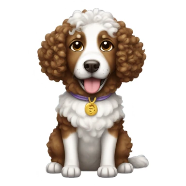 Brown and white curly haired dog with a costume sticker