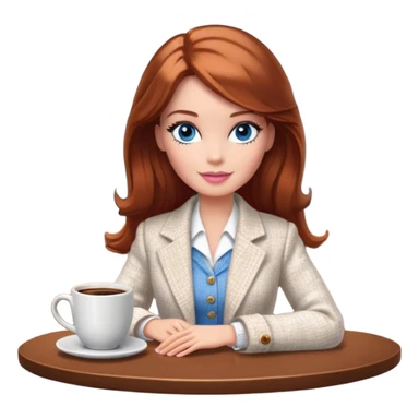 A Barbie girl with blue eyes, shoulder-length reddish-brown hair, made-up, wearing a white tweed jacket and a white skirt, is sitting at a table with a cup of coffee in her hands sticker