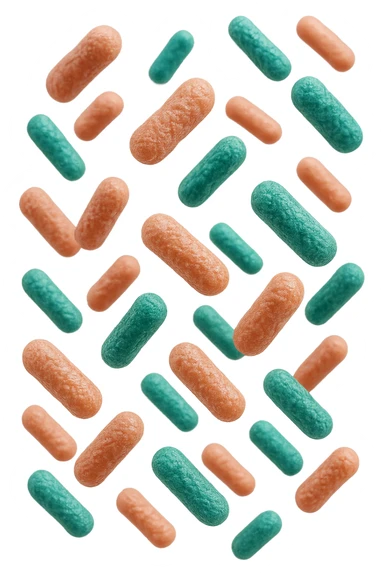 batteri intestinali rosa salmone e turchesi fluttuano in aria, iperrealistici 4k sticker