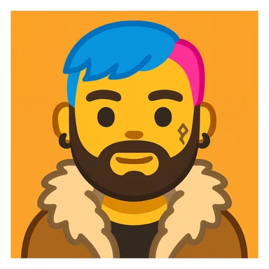 Create an emoji style image of a character with short blue and pink hair, beard, earrings, facial tattoo, wearing a fur coat, and natural skin tone. The style should resemble emoji style. sticker