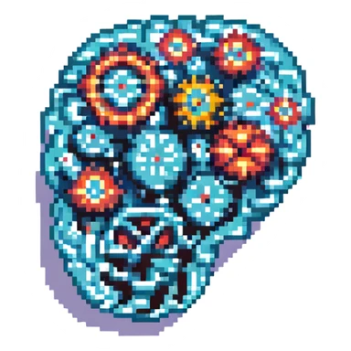 brain with gears, symbolizing thinking, pixel art sticker