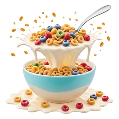 Cinematic crunchy cereal, vibrant and colorful, splashing into a bowl of cold milk, soft glowing background, dynamic movement, playful and inviting, nostalgic and fun. sticker