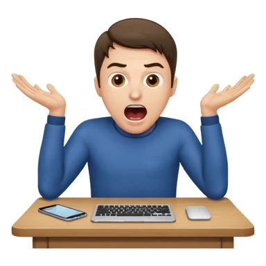 man at table, mouth open shouting, leaning in, hands on table, working sticker