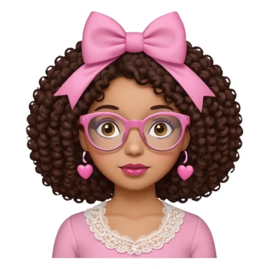 medium-light kinned afro-latina girl with medium length chocolate brown side part curly hair, small pink bow , with brown glasses, brown eyes, pink and white sweetheart necklined top with lace, round wide-ish nose, ob-long face sticker
