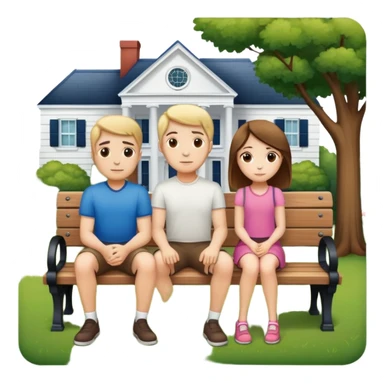 A man and a girl sitting on a bench in front of a house sticker