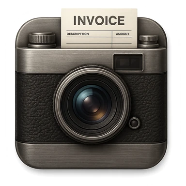 skeuomorphic app icon for an invoice app, vintage camera with textured black leather, brushed metal details, and a paper invoice peeking out sticker