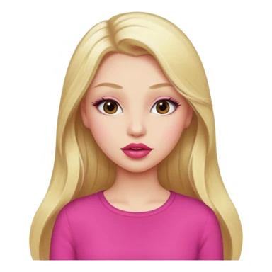 a girl with long eyelashes a pink outfit, long blonde hair, and big lips with red lipstick sticker