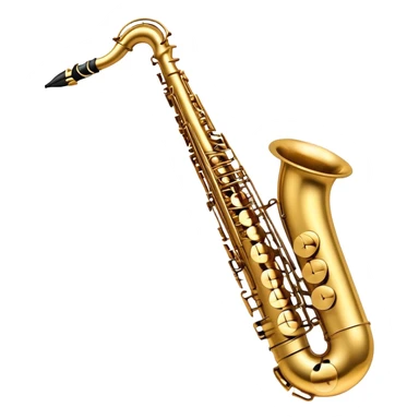 Create a sleek and sophisticated emoji representing the Selmer Super Action 80 Series II saxophone. The design should feature the smooth, golden brass body of the saxophone with its shiny keys and beautiful curves. Highlight the iconic bell of the saxophone and the fine details of the keywork, including the pads and springs. Include the mouthpiece at the top with a reed visible, capturing its essential role in sound production. Use rich gold and brass tones for the instrument with subtle light reflections to enhance its professional appearance. Add musical notes floating around the saxophone to evoke its smooth, jazzy sound. The background should be transparent. sticker