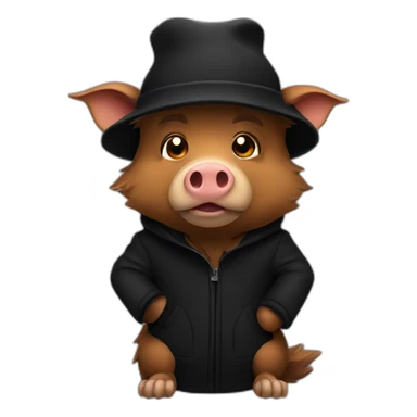 Bored brown boar in a black winter hat and black jacket sticker