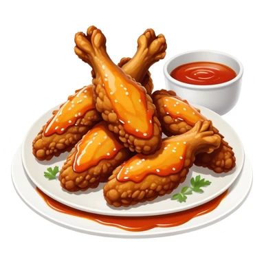 Cinematic crispy chicken wings, golden-brown and glazed with spicy sauce, crunchy coating, juicy inside, piled high with dipping sauce on the side, ultra-realistic and mouthwatering, inviting and bold. sticker