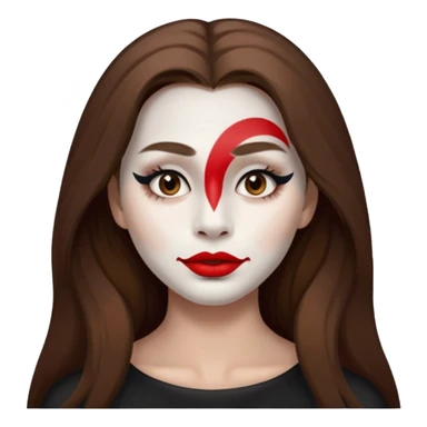 person with long brown hair, white face paint, red lipstick and a mole on right cheek sticker