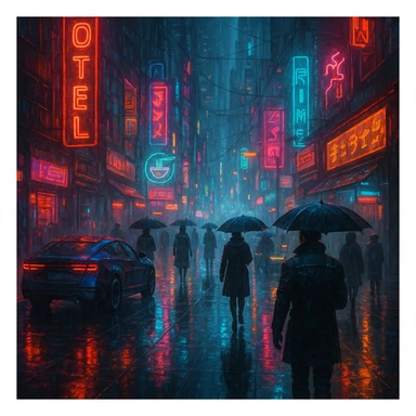 cyberpunk 2077 inspired street scene, rain-soaked pavement, neon signs, futuristic vehicles, dark atmosphere sticker