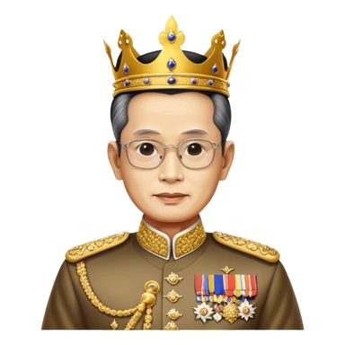 Cinematic Realistic King Bhumibol Adulyadej Portrait Emoji, depicted as a revered Thai monarch with a dignified expression and traditional royal attire, rendered with lifelike textures and soft regal lighting that captures his lasting legacy. sticker