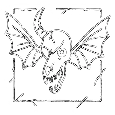 deeply disturbing minimal red horror line art of grotesque minotaur-stoat hybrid skull with aggressively fractured horn and demonic eye, unnatural twisted moth wings, mostly empty middle with nightmarish thin outline frame, intensely unsettling with sparse but horrifying details, frame jagged and broken in threatening manner, pure horror, 100% red sticker