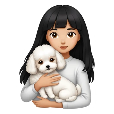 A beautiful girl with long black hair and bangs hugs a super small Bichon Frise dog sticker