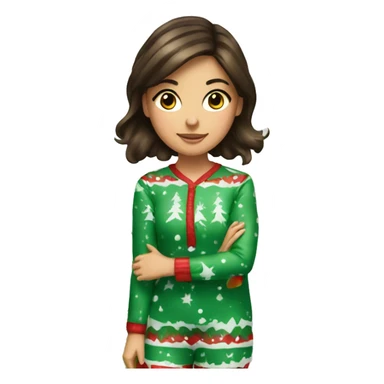 brunette girl wearing christmas pajamas decorating a christmas tree sticker