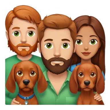 White male with brown hair and  green eyes and beard and Hispanic female with with brown eyes and brunette long hair and red vizsla dog sticker