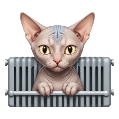 A gray bald cat of the Don Sphynx breed warms himself in a radiator and sighs with a tired look sticker