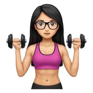 Mujer fitness usando mancuernas con lentes y cabello largo negro sticker