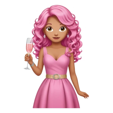 One lady with long pink curled hair and tan skin wearing a pink dress with sparkly belt holding a glass of pink champagne in each hand sticker