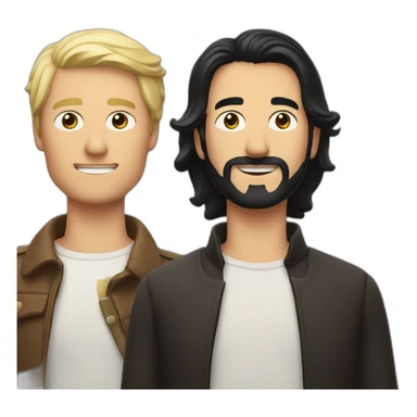 two men, one with long black hair and the other man with short blonde hair, each with a bottle of fernet sticker