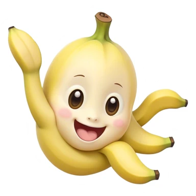Cute Kawaii Banana, slightly curved, soft pastel yellow, cute giggling face with big round eyes, tiny arms waving happily, a peeled section revealing a smiling expression! sticker