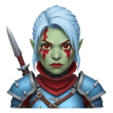 Fantasy Christmas orc legion soldier icon, iron tundra army theme, heavy winter armor, disciplined brutal look, cold steel armor cracked with frozen crimson lines, bloodfrost effect, icy blue and dark red color palette, minimal clean emoji style, female variant sticker