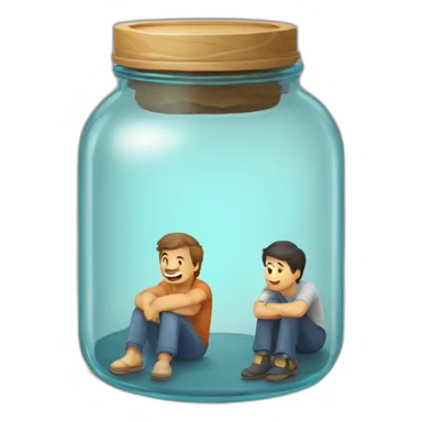 a glass jar standing on the floor between two man's feet sticker