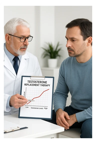 a man in his 40s sits in a doctor’s office, listening attentively as a physician explains TRT (Testosterone Replacement Therapy). The doctor holds a prescription pad and points to an educational chart showing testosterone levels. The mood is professional and informative, with a clean, clinical background. in italiano sticker