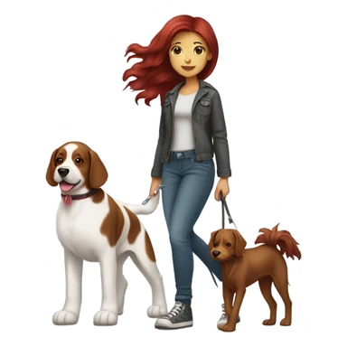 Dark red hair girl wearing  jeans  walking  large breed  dog  sticker