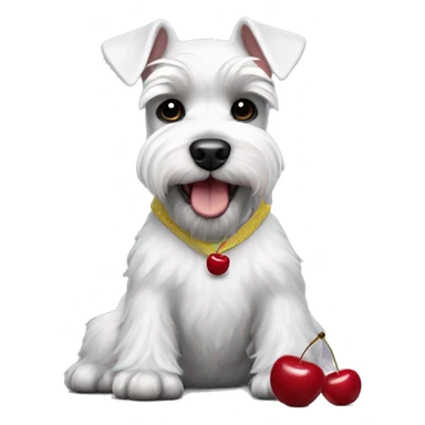 White fun mini schnauzer in pants with cherries sticker