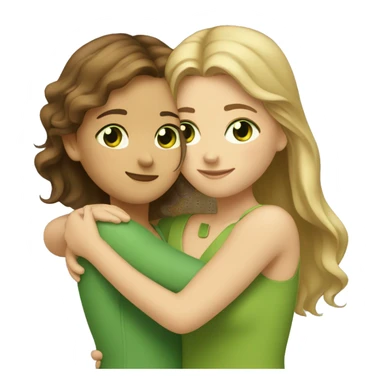 Two girls hugging: one has brown hair and brown eyes, and the other is blonde with green eyes. sticker