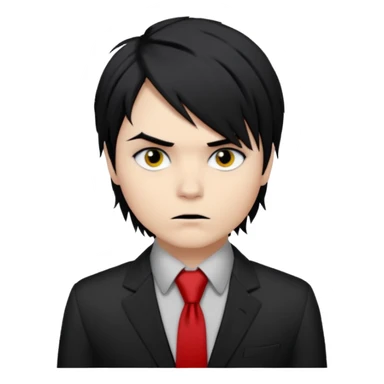 Gerard Way (Revenge Era)
Round, simplified emoji style
Pale skin tone dark eyes
Jet-black, shoulder-length hair messy and emo
Heavy eyeliner and slight red shadow under the eyes
Subtle serious
Hint of red tie visible on black button up shirt.
Transparent background. Black eyeliner. Messy emo hair sticker