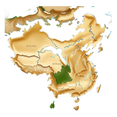 Cinematic-realistic outline of china, featuring its distinct landmass with accurately defined coastlines. The deep blue ocean surrounds the golden-brown continent, with subtle topographic shading to highlight its terrain. A soft glowing effect enhances the edges, making the shape stand out against a neutral, textured background. sticker