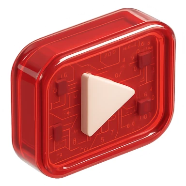YouTube play button, centered, red background, glossy circuit style sticker