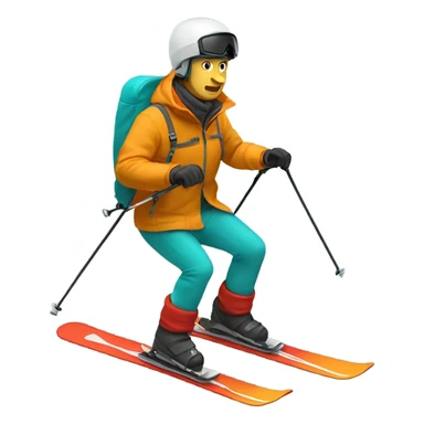 white man skiing full body wearing a dark yellow orange jacket and a red helmet and turquoise pants sticker