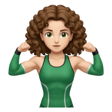 flexing muscles, big biceps, muscled torso, very beautiful italian girl, looking like Emma Watson, with curly and big volume very bright brown hair, dressed in a beautiful green sports costume sticker