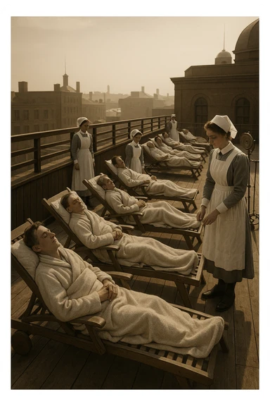 A realistic cinematic image of a hospital rooftop solarium from the 1900s, patients sunbathing under nurse supervision for heliotherapy against tuberculosis and rickets. sticker