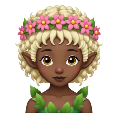 tiny Elf with Flower Crown, curley hair, black sticker