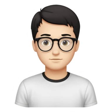 Style anchor + Young adult male American, light-medium skin, short black hair, white crew-neck tee, thin black-rim glasses, friendly neutral. sticker