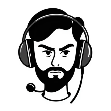 Serious face of a man with black hair, brown eyes, black beard, wearing a gaming headset sticker