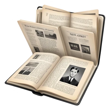 Icon for Non-Fiction & Narrative Reading: an open book with historical facts and narrative text on the pages, featuring black-and-white photos, news clippings, and an open folder with top-secret documents. Transparent background. sticker